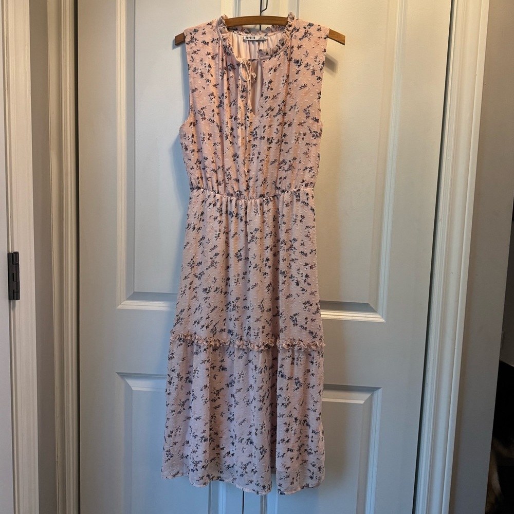 Pink, tiered, ribbon collared, lined spring/summer dress